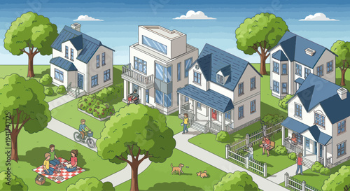 Cozy suburban neighborhood with diverse houses, families, and green spaces