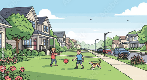 Children playing ball with dog on sunny suburban street