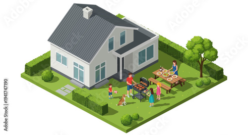 Family BBQ Backyard Party Isometric Illustration