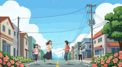 Anime Style Suburban Street Scene with People Walking and Blooming Flowers