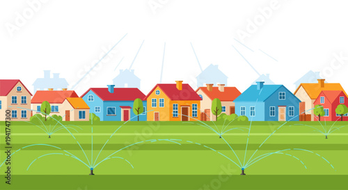 Suburban neighborhood with houses and lawn sprinklers watering green grass