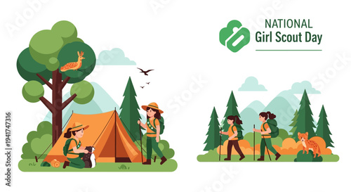 Illustration of children camping and scouting on National Girl Scout Day with trees and wildlife in a nature setting