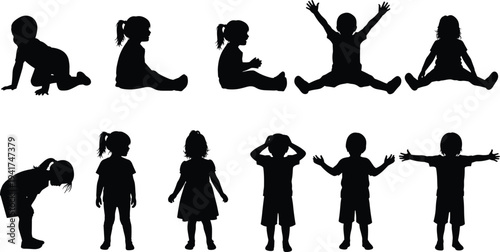 Collection of black children silhouettes including toddlers crawling, kids jumping, and standing boys and girls in various playful poses for vector design