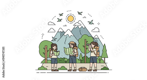 Illustration of three young girls scouting and camping outdoors with mountains, trees, and wildlife in a colorful nature setting