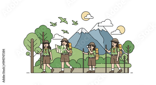 Illustration of children in scout uniforms hiking with backpacks in a natural landscape with mountains, trees, and wildlife, conveying outdoor adventure and teamwork