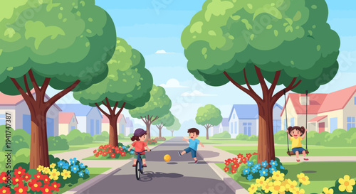 Children playing in suburban street with trees, houses, and flowers