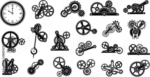 Collection of black gear mechanisms clockwork components and industrial engine cogs isolated on white background for steampunk and engineering design