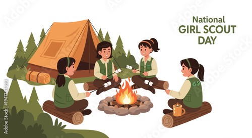 Four Girl Scouts sit around a campfire in a forest clearing with a tent behind them celebrating National Girl Scout Day