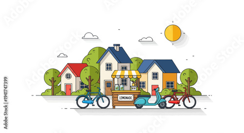 Charming Village Scene: Bicycle, Scooter, and Market Stall in Sunny Weather