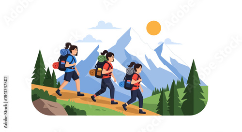 Three children hiking in a scenic outdoor setting with trees and mountains on National Girl Scout Day