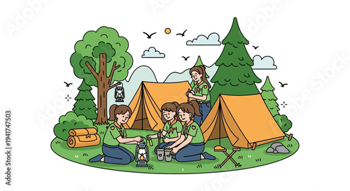Illustration of children camping and celebrating National Girl Scout Day with a scouting activity in a nature setting with tents and trees