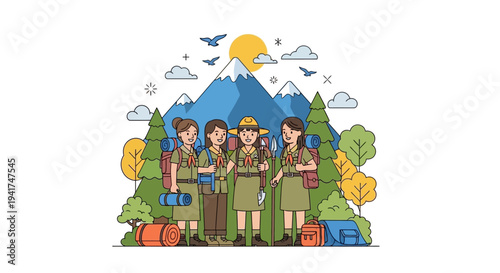 Illustration of four Girl Scouts standing together in a natural setting with mountains, trees, and camping gear, celebrating National Girl Scout Day with a sense of adventure and teamwork