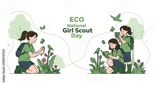 Illustration of two girls in green scout uniforms planting and observing eco-friendly plants on National Girl Scout Day with a nature exploration theme