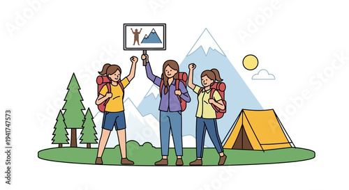 Three girls celebrate Girl Scout Day with a camping adventure, holding up a mountain poster in a colorful outdoor setting