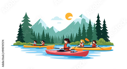 Illustration of children kayaking on a serene lake with mountains and trees in the background, celebrating National Girl Scout Day with a sense of outdoor adventure and teamwork