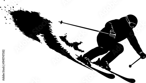 Black and white silhouette of skier downhill Vector on Transparent Background.
