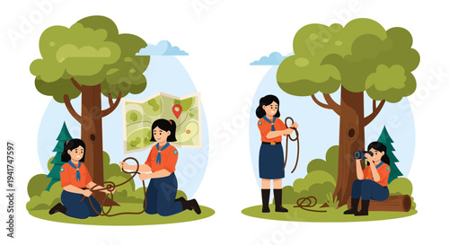 Illustration of two Girl Scouts engaging in outdoor activities, one using a magnifying glass and the other tying a rope, surrounded by trees and nature on National Girl Scout Day