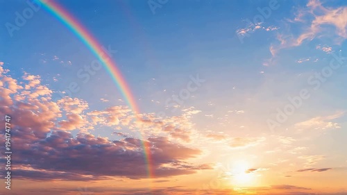Sunset sky with rainbow and clouds