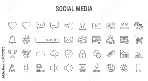 Collection of simple line icons representing various social media features and functions.