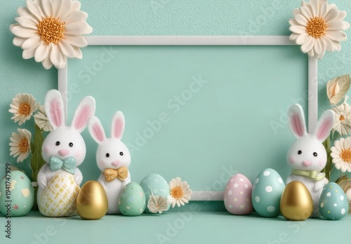 3d easter frame background with cute bunnies, eggs, and flowers on a pastel blue wall
