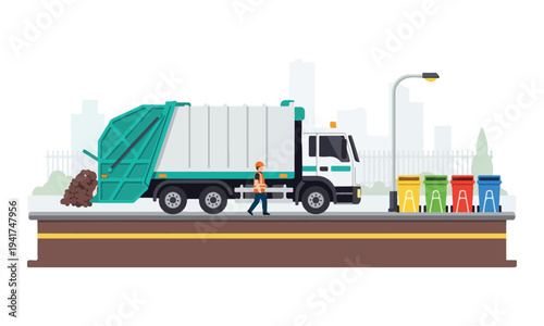 Garbage Truck and Sanitation Worker with Recycling Bins Illustration