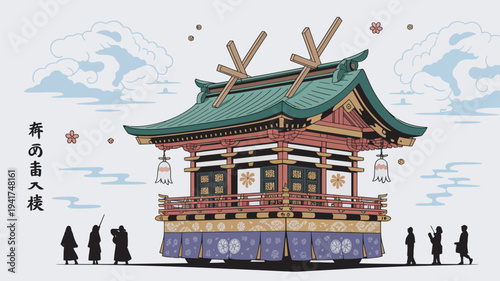 A traditional Japanese temple with a green roof and silhouettes of people in front of it