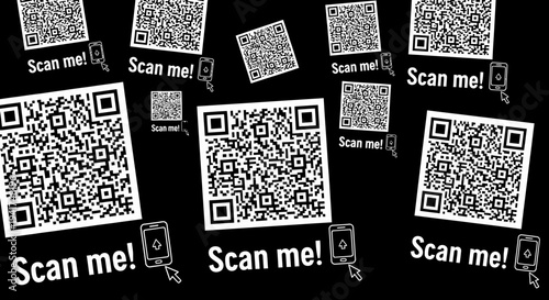 Collection of QR codes with scan me text on black background.