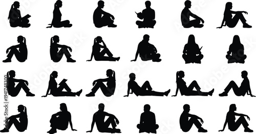 Collection of people sitting silhouettes, group of students reading and relaxing on floor, men and women in various seated poses