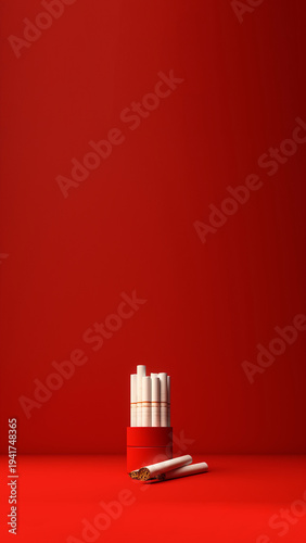 Minimalist cigarette advertisement concept on a solid red background. Pack of cigarettes and scattered cigarettes on a red surface with large vertical copy space