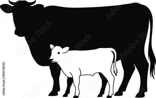 Cow and Calf Silhouette Against White Background Farm Animal Family