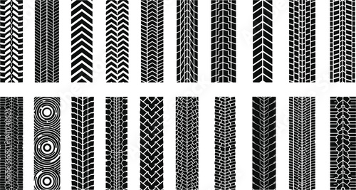 Collection of seamless tire tread patterns set of twenty various rubber track textures isolated on white background for automotive design