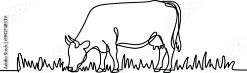 Cow Grazing in Grass Single Line Drawing Minimalist Livestock Farm Animal
