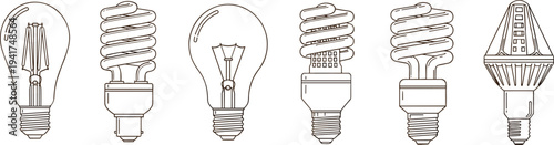Hand drawn light bulb collection set including incandescent fluorescent and led energy saving lamps isolated on white background vector illustration