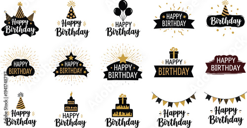 Happy Birthday Vector Icon Set Featuring Party Hats, Balloons, Cakes, Gifts, and Bunting Flags with Elegant Gold and Black Typography