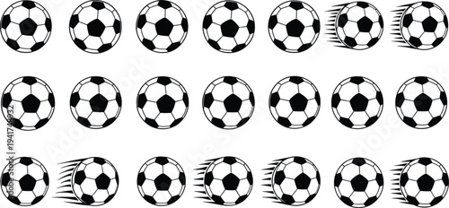 Large collection of black and white soccer ball icons and football symbols with motion speed lines isolated on white background for sports design