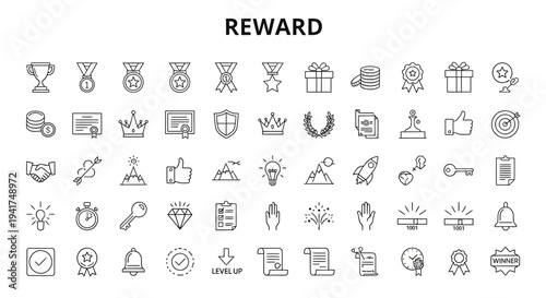 Collection of simple line icons representing various rewards and achievements.