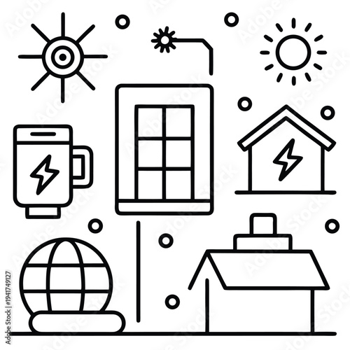 Collection of symbolic illustrations showcasing solar energy usage with graphic symbols, representing a clean and sustainable energy.