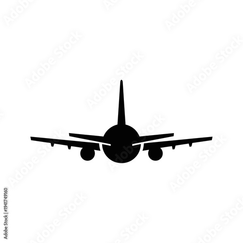 Silhouette of a commercial airplane viewed from the front.