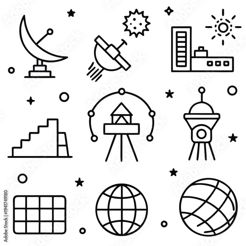 A monochrome, minimalist illustration captures the essence of space exploration, featuring essential elements like satellites, observatories, sun and Earth.