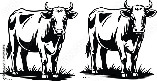 Two Dairy Cows Standing in Green Grass Field Black and White Vector Illustration