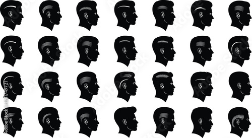 Male profile silhouette collection featuring various modern haircuts, barber shop hair design icons, stylish undercut hairstyles, and trendy grooming head vectors.