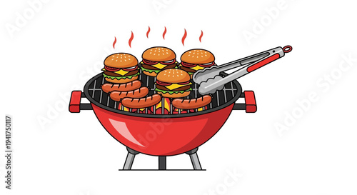 Sizzling burgers and sausages on a red barbecue grill