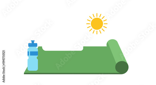 Green yoga mat with water bottle under sunny conditions
