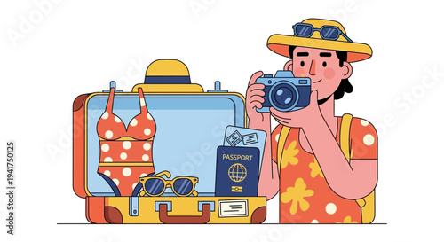 Traveler capturing memories with camera and open suitcase