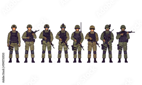Set of Eight Soldiers in Modern Military Tactical Gear