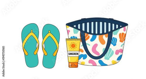 Colorful beach bag with flip flops and sunscreen for summer vacation
