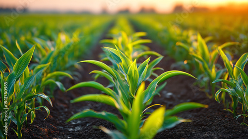 Young green crops growing in a field during early morning light