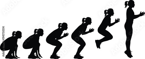 Black silhouettes set of a young woman performing a vertical jump sequence from squatting position to full leap isolated on white background for fitness