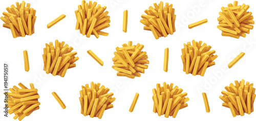 Set of Crispy French Fries Illustrations Featuring Salty Potato Chips Snacks Fast Food Side Dish Icons for Restaurant Menu Design