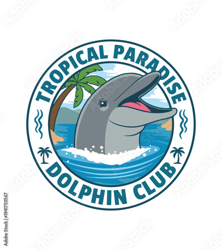 Tropical paradise T-shirt design dolphin club logo with jumping dolphin in the ocean and palm tree on isolated background T-shirt Design